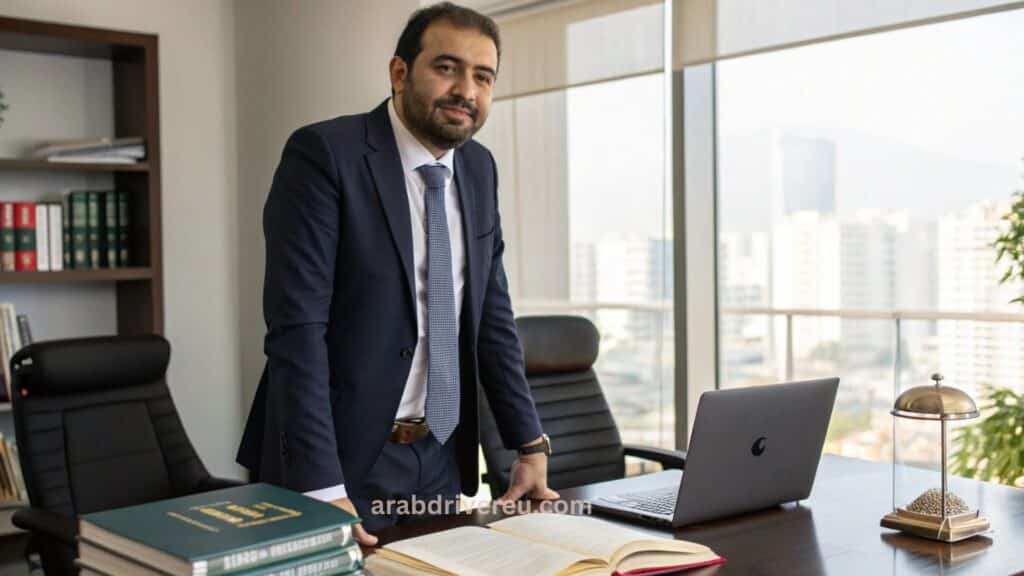 محامي عربي يقدم استشارات قانونية في تركيا، بجانب رموز قانونية مثل المِطرقة أو الميزان