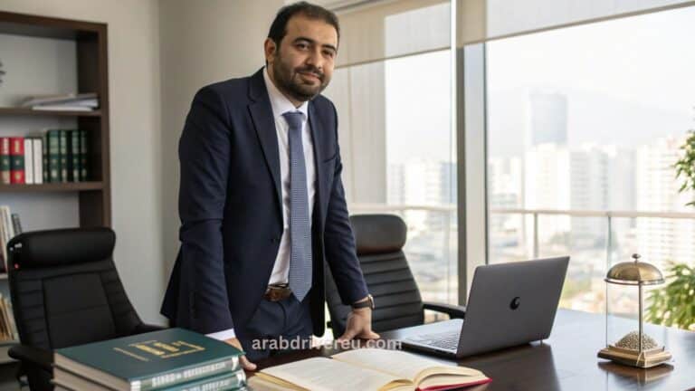 محامي عربي يقدم استشارات قانونية في تركيا، بجانب رموز قانونية مثل المِطرقة أو الميزان
